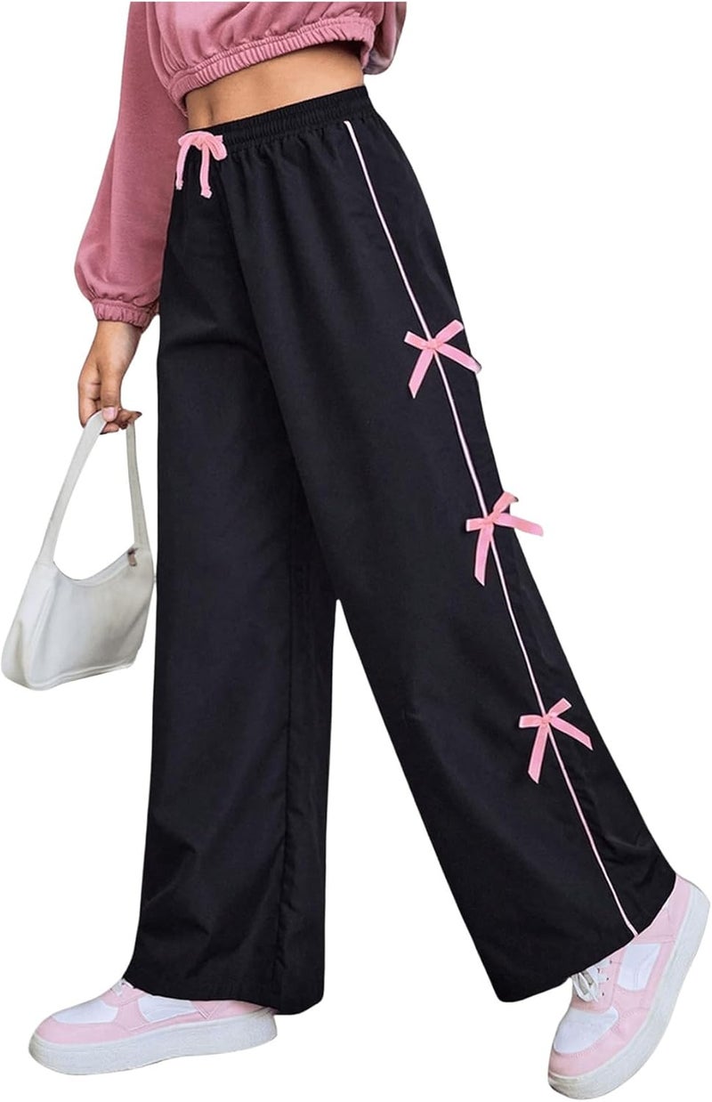 WDIRARA Girl's Bow Side Waist Track Pants Cute Wide Leg Trousers - Image 1